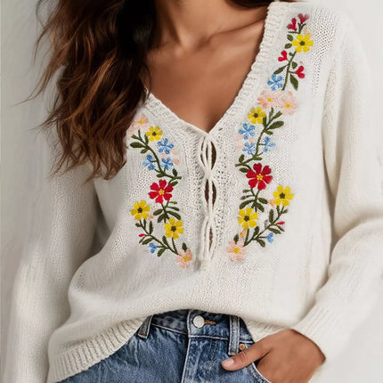Floral Embroidered V-Neck Sweater
