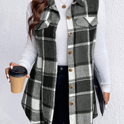 Honey Plus Size Pocketed Plaid Button Up Vest Coat - Vickie Lynn's