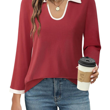 Contrast Collared Neck Long Sleeve Top