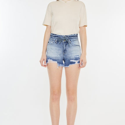 Kancan High Rise Frayed Hem Denim Shorts