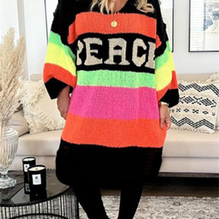 Color Block V-Neck Long Sleeve Sweater Dress