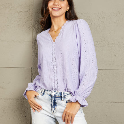 Mandy Eyelet V-Neck Flounce Sleeve Blouse