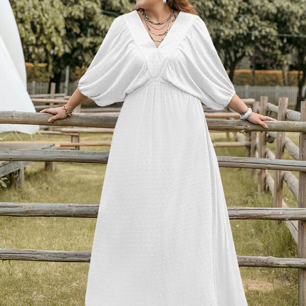 Plus Size Swiss Dot V-Neck Three-Quarter Sleeve Dress