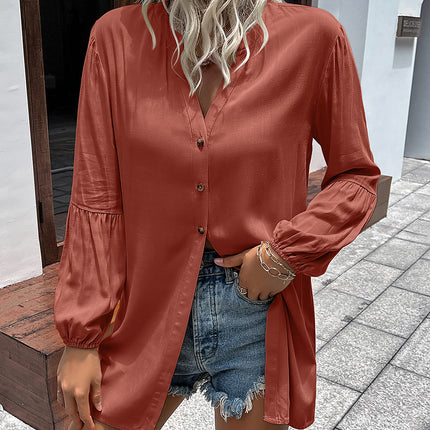 Double Take Notched Neck Balloon Sleeve Shirt