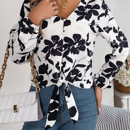 Printed V-Neck Long Sleeve Blouse