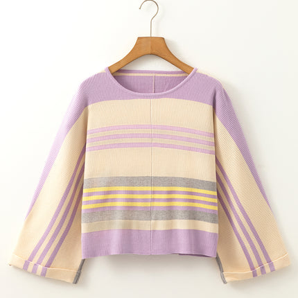 Contrast Striped Round Neck Three-Quarter Sleeve Top