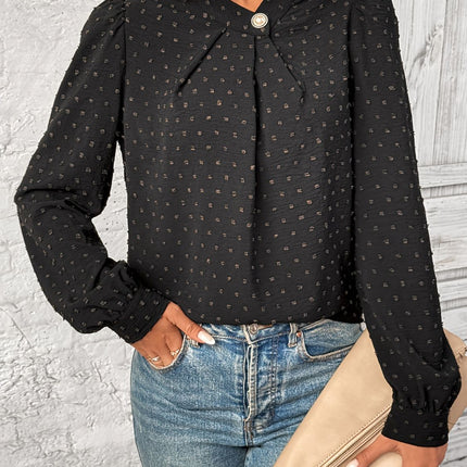 Swiss Dot Mock Neck Long Sleeve Blouse