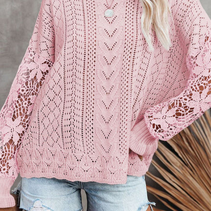 Openwork Round Neck Long Sleeve Sweater