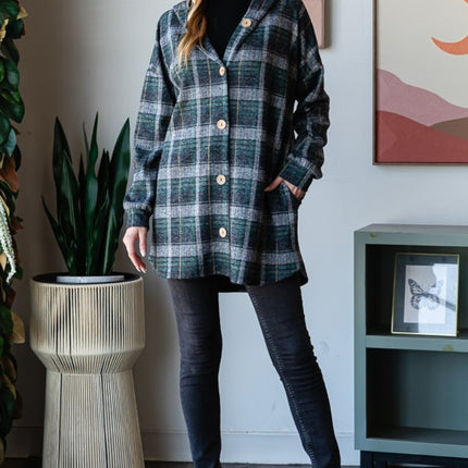 Heimish Plaid Button Down Long Sleeve Hooded Cardigan