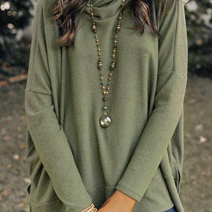 Side Slit High-Low Cowl Neck Long Sleeve Blouse