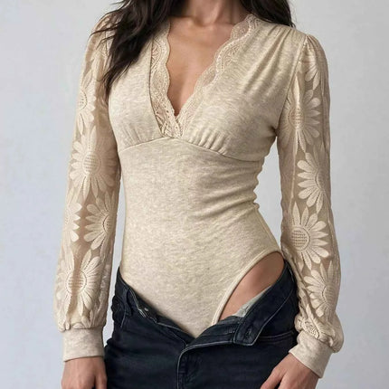 V-Neck Lace Trim Floral Mesh Sleeve Bodysuit