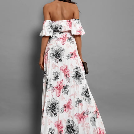 Pleated Floral Off-Shoulder Short Sleeve Midi Dress