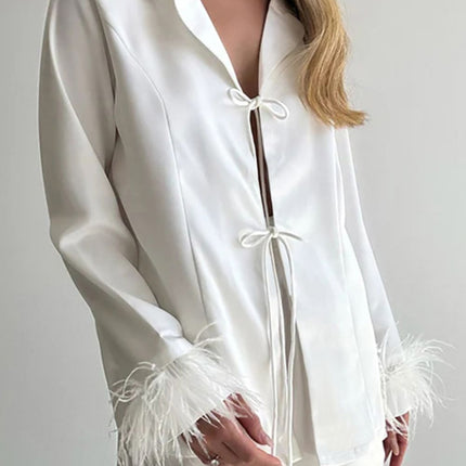 Buttery-Soft Tied Fringe Collared Neck Top and Shorts Set