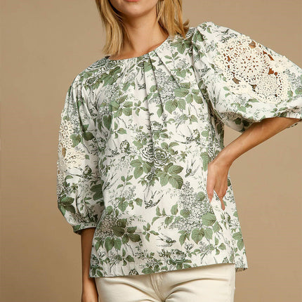 Umgee Floral Pleated Detail Lace Trim Sleeve Blouse