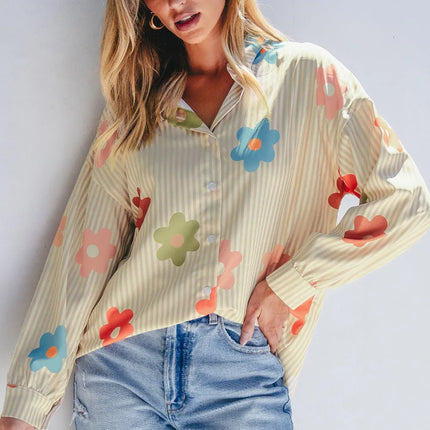 Striped Flower Button Up Long Sleeve Shirt