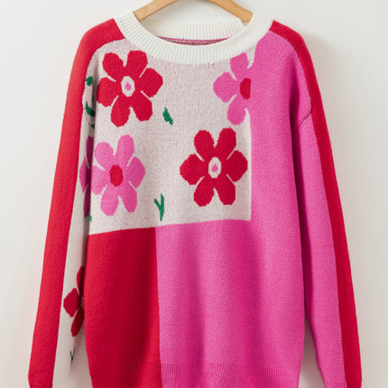 Flower Color Block Round Neck Sweater