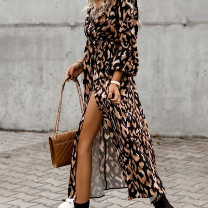 Slit Printed Surplice Long Sleeve Dress