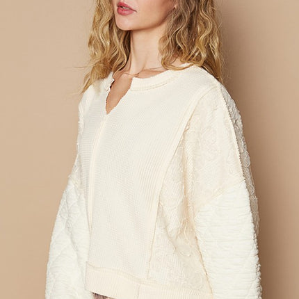 POL Waffle-Knit Notched Long Sleeve Knit Top