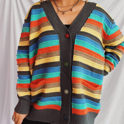 Contrast Stripes Button Up Long Sleeve Cardigan