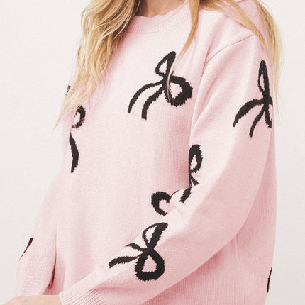 Bow Pattern Round Neck Loose Fit Sweater