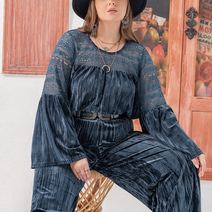 Plus Size Round Neck Flare Sleeve Top and Pants Set