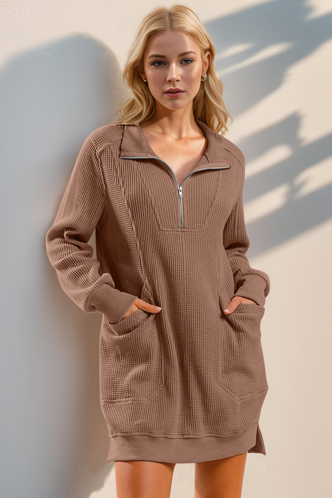 Double Take Waffle Long Sleeve Mini Dress with Pockets - Vickie Lynn's