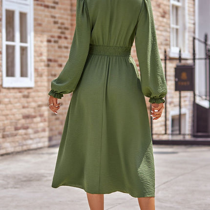 Smocked V-Neck Flounce Sleeve Midi Dress