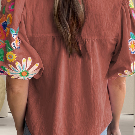 Embroidered Tie Neck Half Sleeve Blouse