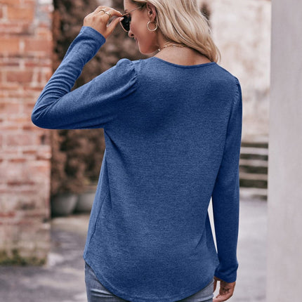 Double Take Pleated Detail Curved Hem Long Sleeve Top