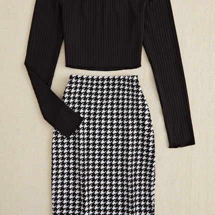 Off-Shoulder Long Sleeve Top and Houndstooth Skirt Set