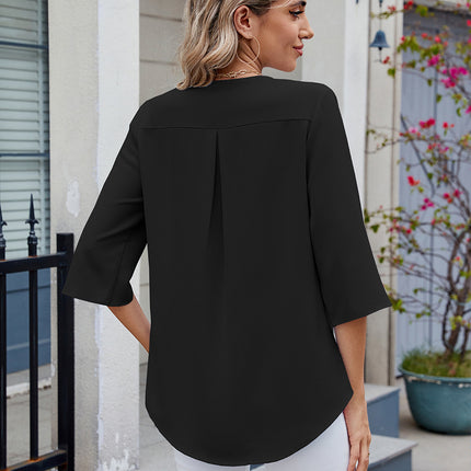 Ruffled V-Neck Three-Quarter Sleeve Blouse