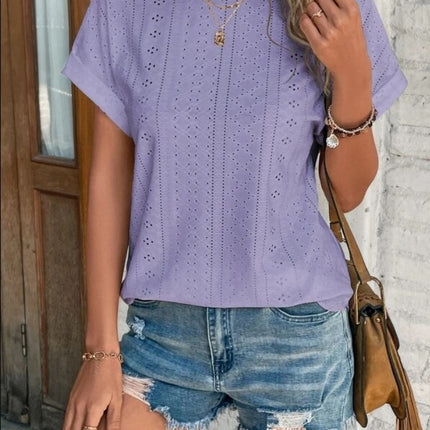 Eyelet Round Neck Short Sleeve T-Shirt