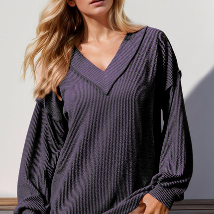 Double Take Exposed Seam Ribbed Textured V-Neck Long Sleeve T-Shirt