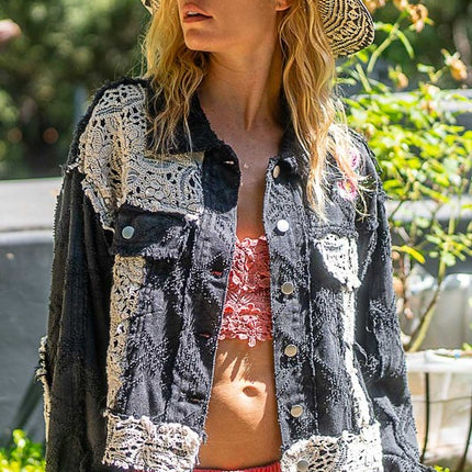 POL Crochet Patch Embroidered Button Up Jacket