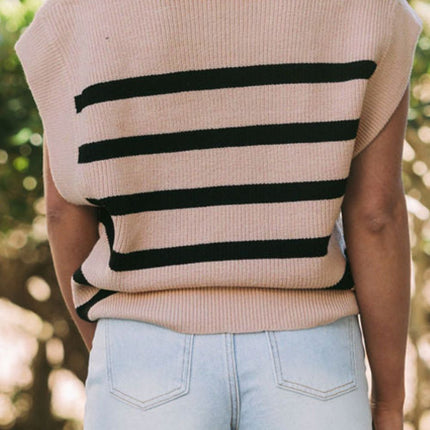 Striped Half Zip Cap Sleeve Knit Top