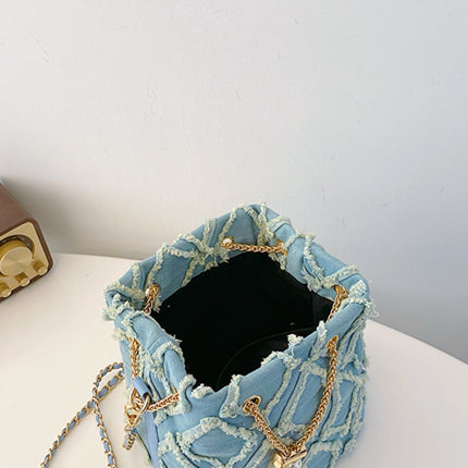 Chain Drawstring Raw Edge Denim Bucket Bag