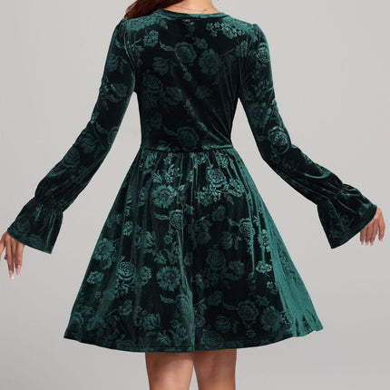 Tied Flower Print Round Neck Flounce Sleeve Dress