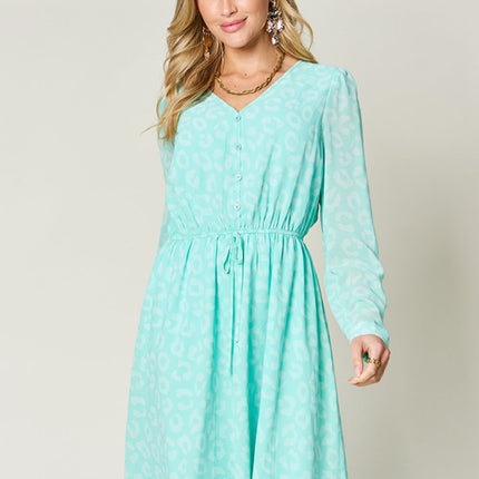 Double Take Full Size Printed Ruched V-Neck Long Sleeve Dress