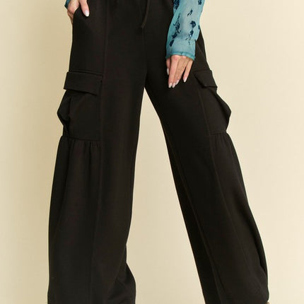 Davi & Dani Drawstring Ruched Detail Wide Leg Pants