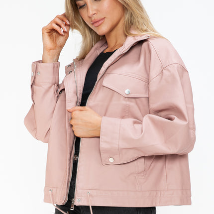 How Dare U Drawstring Hem PU Leather Zip Up Jacket