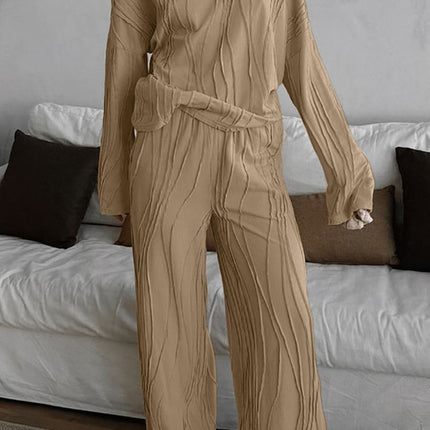 Texture Dropped Shoulder Long Sleeve Top and Pants Set