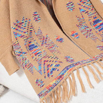 Fringe Geometric Open Front Long Sleeve Cape