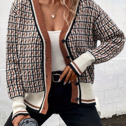 Plaid V-Neck Button Up Cardigan
