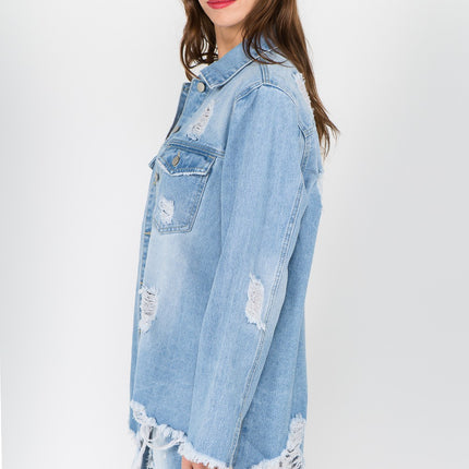 American Bazi Distressed Frayed Hem Denim Jacket