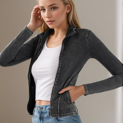 Basic Bae Pocketed Turtleneck Zip Up Denim Top