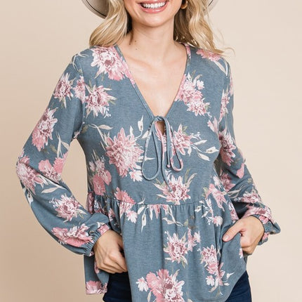 Super Lady Full Size Babydoll Floral Long Sleeve Blouse