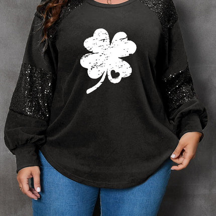 Plus Size Lucky Clover Sequin Round Neck Blouse