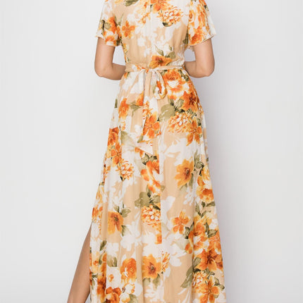 HYFVE Floral Tie Back Short Sleeve Slit Maxi Dress