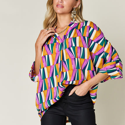 Double Take Full Size Geometric Notched Raglan Sleeve Blouse