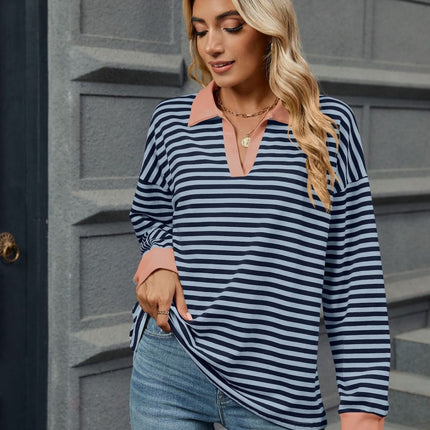 Striped Johnny Collar Long Sleeve Sweatshirt